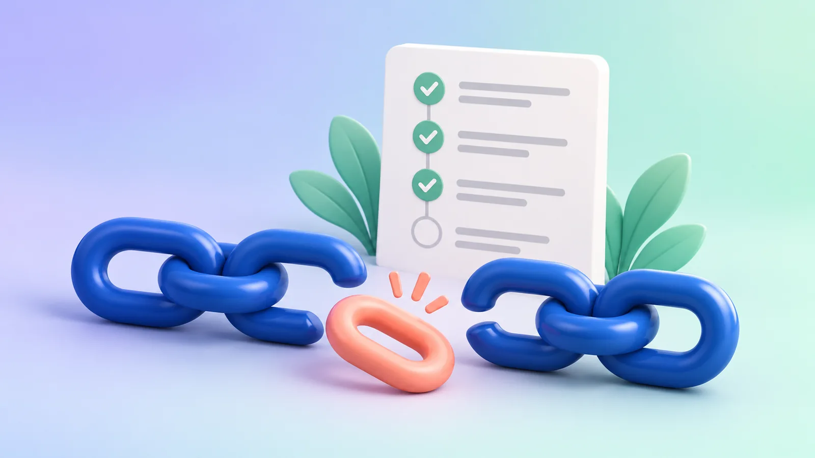 Blue chain missing one peach link beside a white dependency checklist.