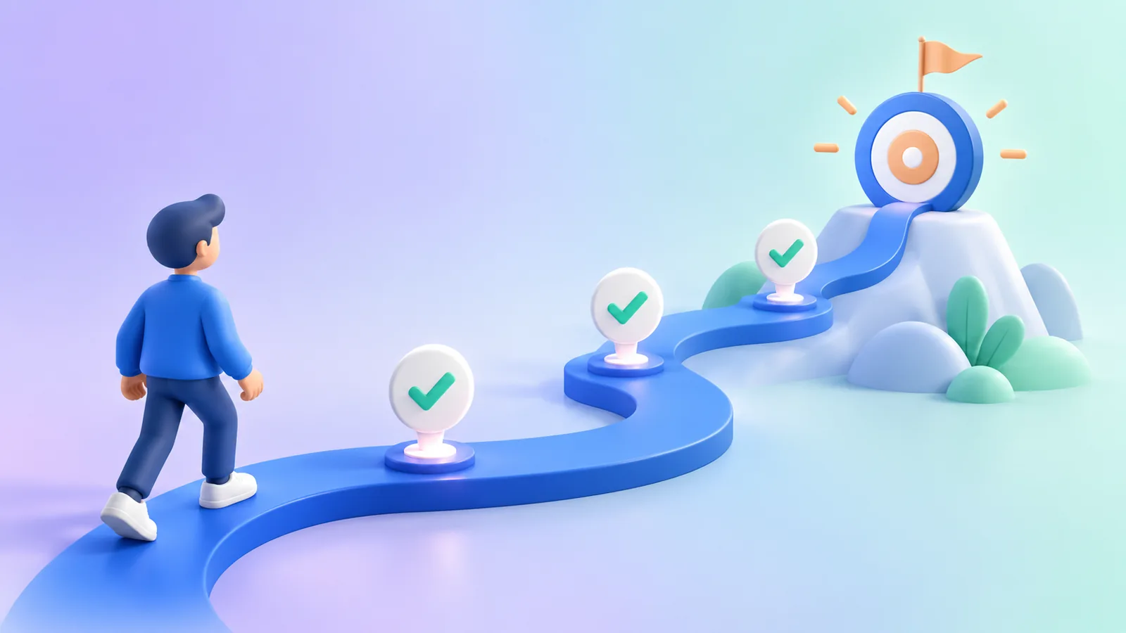 Blue path connecting a promised target to three verified white outcome markers.