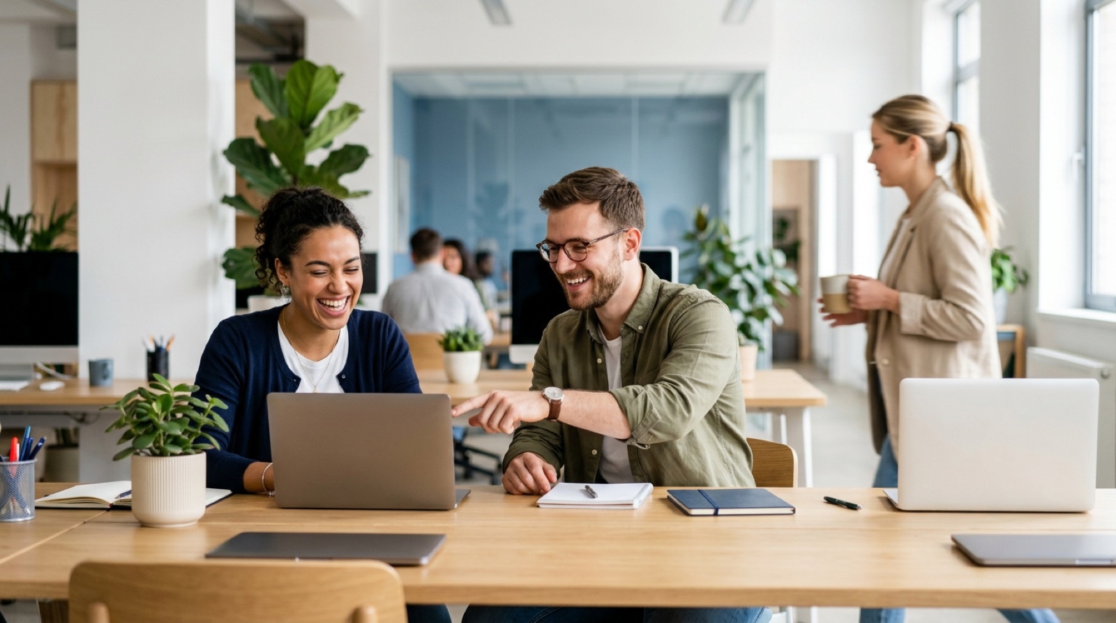 Two Educo teammates laughing together over a laptop in a bright office